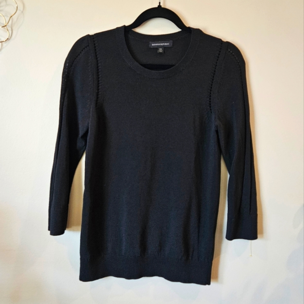 Banana Republic Black Eyelet Sweater – XS, Elegant 3/4 Sleeve